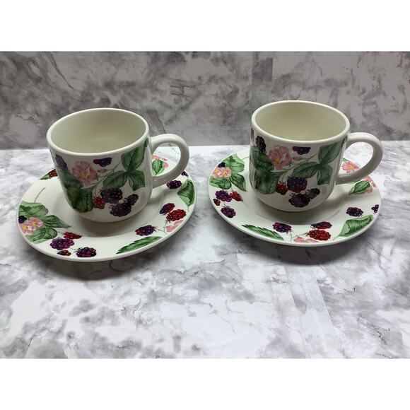 Tienshan Stoneware Mug & Saucer Set of 2 "Raspberry Social" Pattern - Preowned - Picture 2 of 5